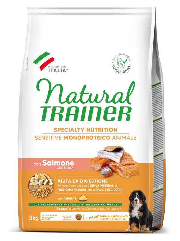 SPECIALTY NUTRITION SENSITIVE MONOPROTEICO ANIMALE NO GLUTEN MEDIUM&MAXI PUPPY&JUNIOR WITH SALMON AND WHOLE CEREALS