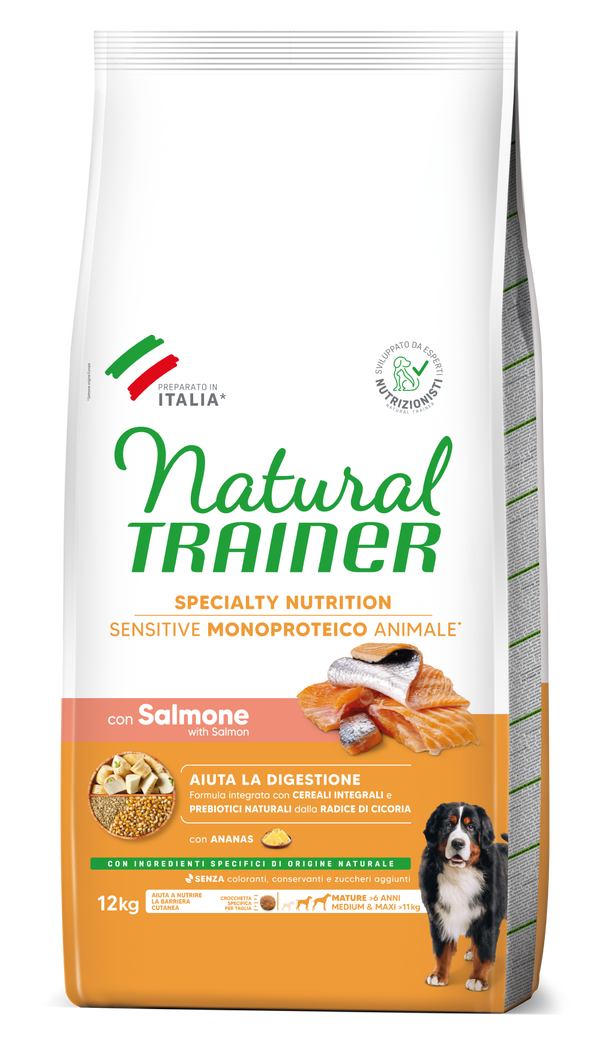 SPECIALTY NUTRITION SENSITIVE MONOPROTEICO ANIMALE NO GLUTEN MEDIUM&MAXI MATURE WITH SALMON AND WHOLE CEREALS