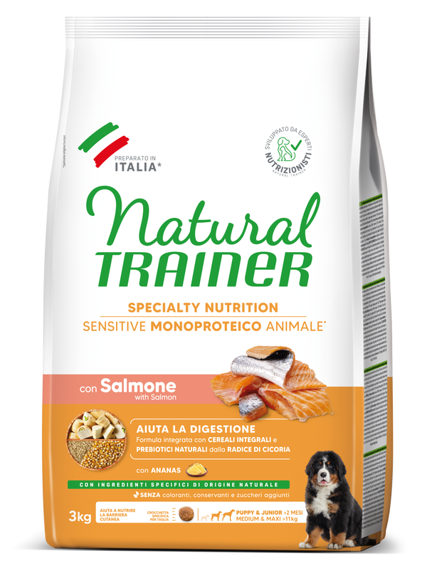 SPECIALTY NUTRITION SENSITIVE MONOPROTEICO ANIMALE NO GLUTEN MEDIUM&MAXI PUPPY&JUNIOR WITH SALMON AND WHOLE CEREALS